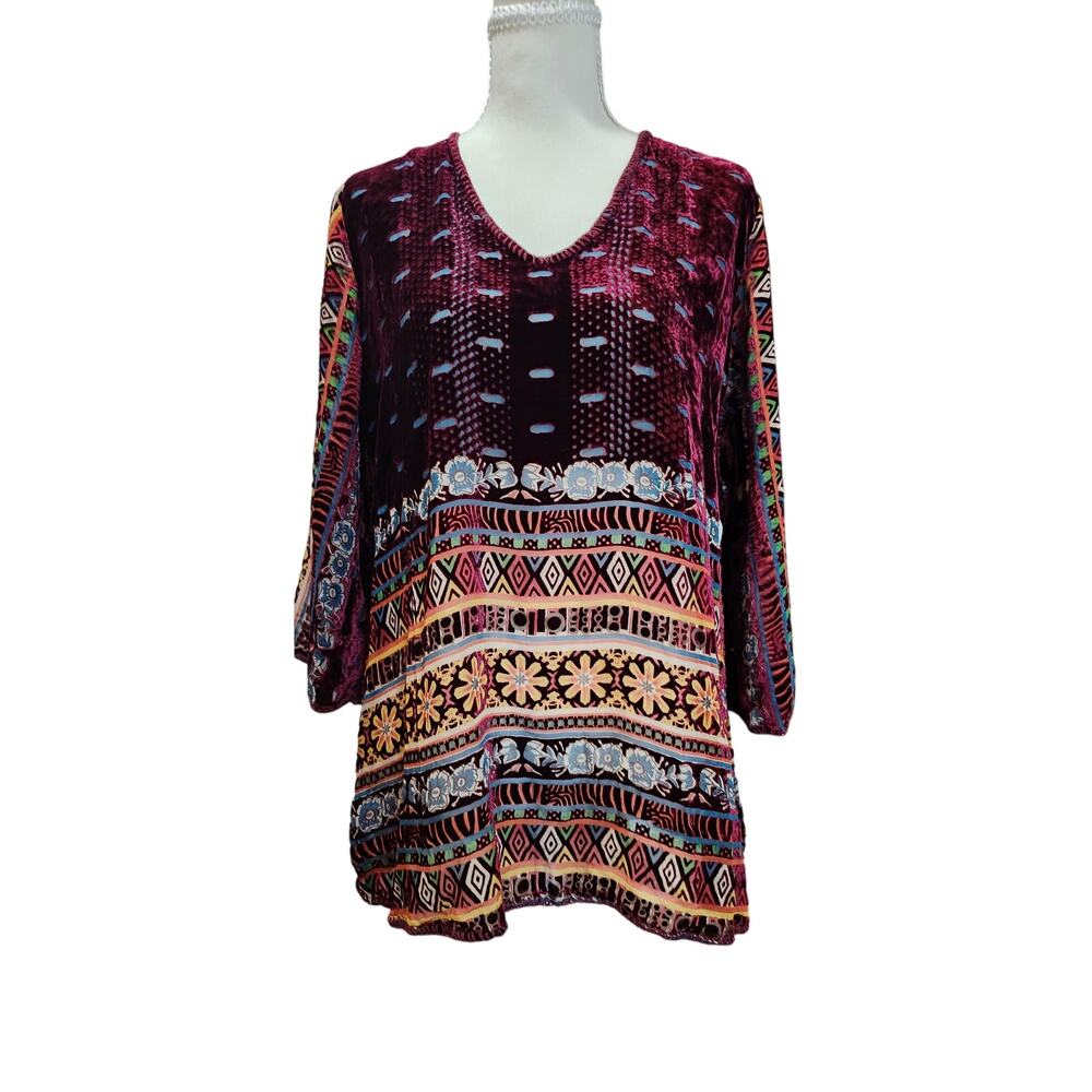 Johnny Was Parisa Burnout Velvet Floral Top XS Oversized Boho Silk Blend‎ Blouse
